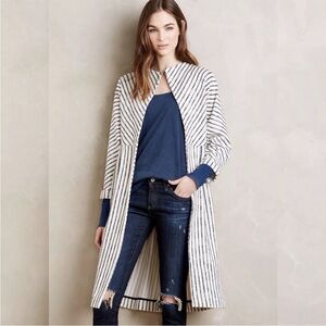 Anthropologie Elevenses Bellport Striped Long Cardigan in Navy & White Size XS
